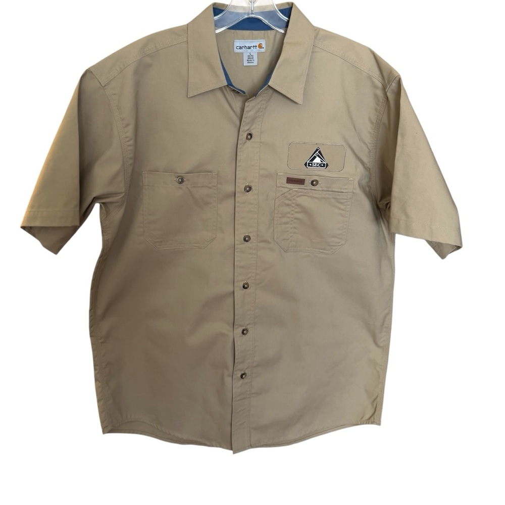 Carhartt Men's Khaki Embroidered Short Sleeve Button Down Work Shirt SZ Large